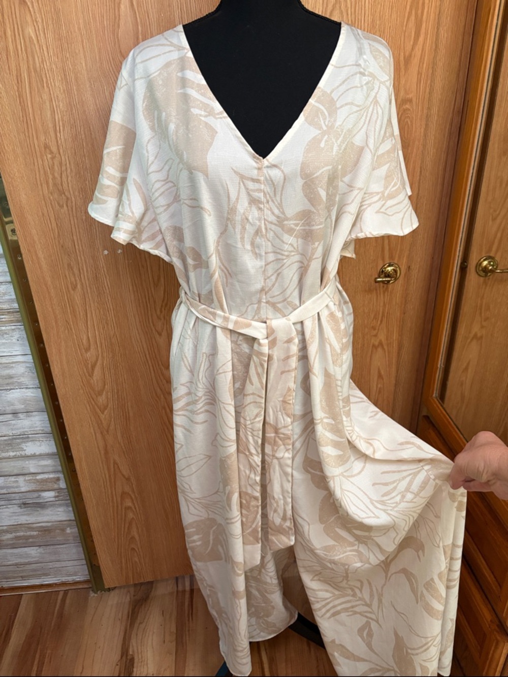Cream Floral Print V-Neck Belted Jumpsuit